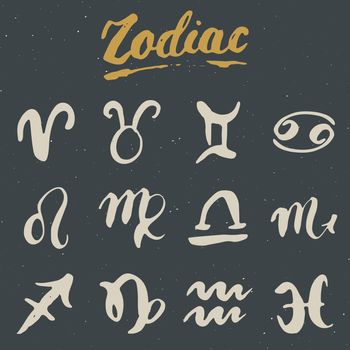 Zodiac signs set and letterings. Hand drawn horoscope astrology symbols, grunge textured design, typography print, vector illustration.