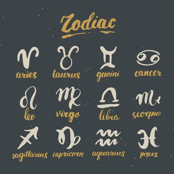 Zodiac signs set and letterings. Hand drawn horoscope astrology symbols, grunge textured design, typography print, vector illustration.