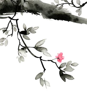 Watercolor and ink illustration of blossom tree with leaves and flowers in style sumi-e, u-sin. Oriental traditional painting. Design of background for greeting card, invitation or cover.