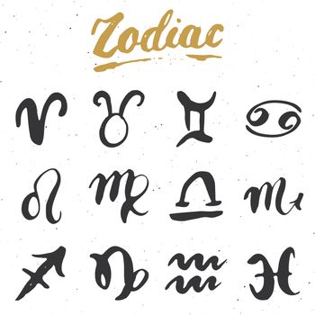 Zodiac signs set and letterings. Hand drawn horoscope astrology symbols, grunge textured design, typography print, vector illustration.