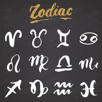 Zodiac signs set and letterings. Hand drawn horoscope astrology symbols, grunge textured design, typography print, vector illustration on chalkboard background.