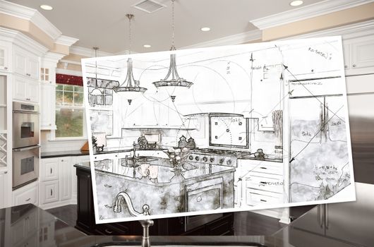 Beautiful Custom Kitchen Design Drawing On Paper Over Finished Photograph.
