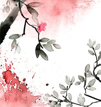 Watercolor and ink illustration of blossom tree with leaves and flowers in style sumi-e, u-sin. Oriental traditional painting. Design of background for greeting card, invitation or cover.