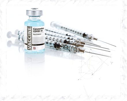Artistic Rendering Sketch of Coronavirus COVID-19 Vaccine Vial and Several Syringes On Reflective Surface.