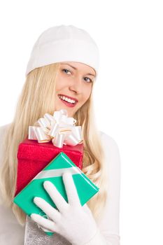 Blonde model with gift boxes in Christmas, woman and presents in winter season for shopping sale and holiday brands