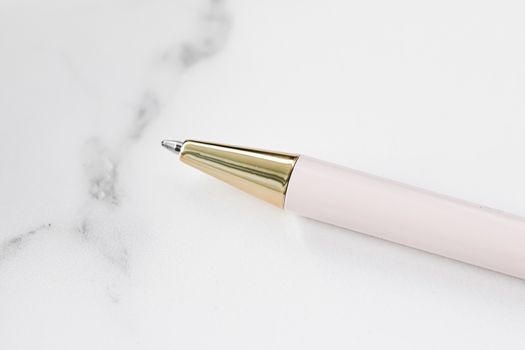 White pen on marble background, luxury stationery and business branding