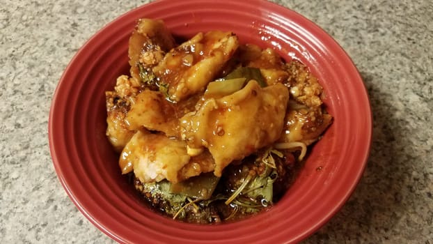 spicy Chinese fish and garlic and cilantro in red bowl