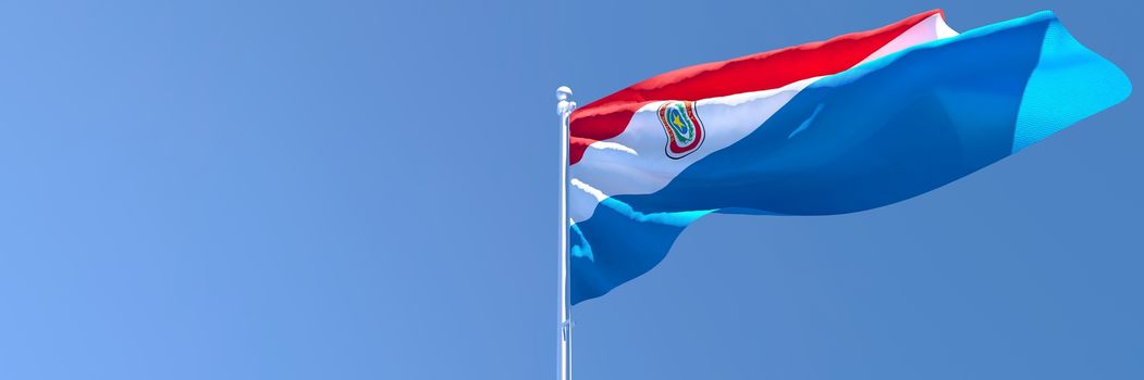 3D rendering of the national flag of Paraguay waving in the wind against a blue sky