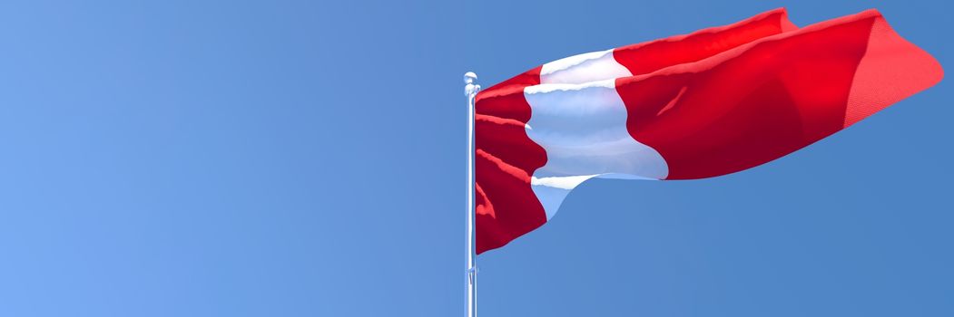 3D rendering of the national flag of Peru waving in the wind against a blue sky