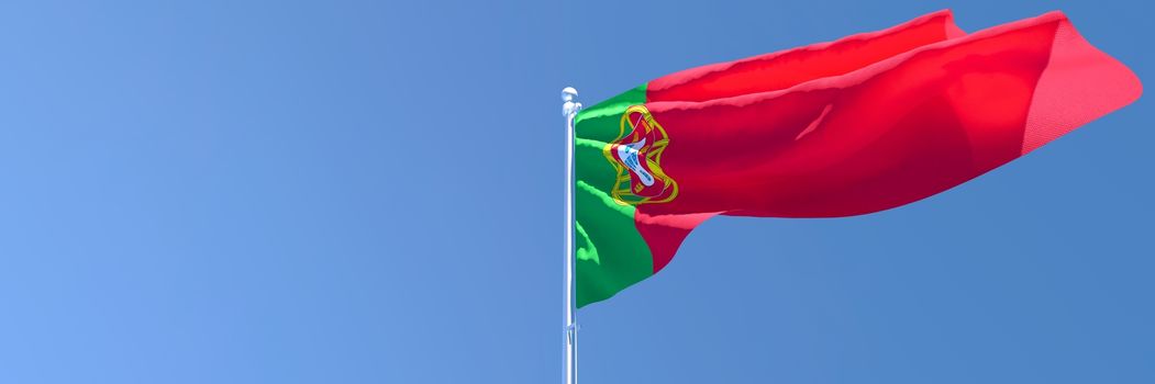 3D rendering of the national flag of Portugal waving in the wind against a blue sky