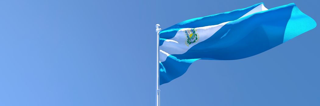 3D rendering of the national flag of Salvador waving in the wind against a blue sky