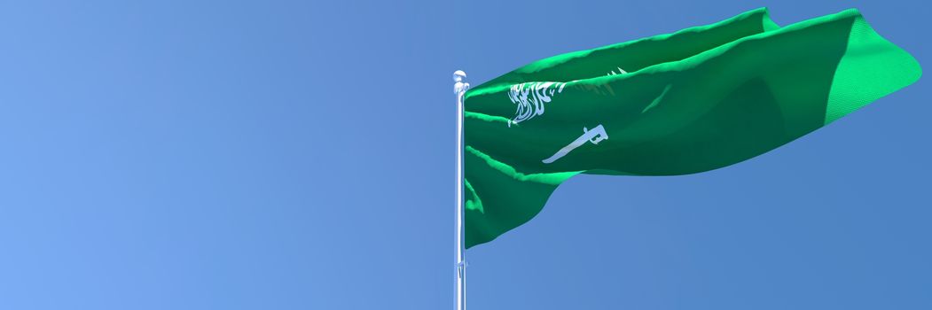 3D rendering of the national flag of Saudi Arabia waving in the wind against a blue sky