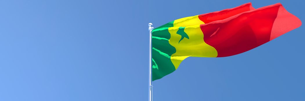 3D rendering of the national flag of Senegal waving in the wind against a blue sky