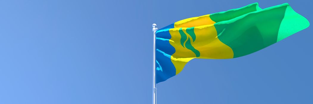 3D rendering of the national flag of Saint Vincent and the Grenadines waving in the wind against a blue sky