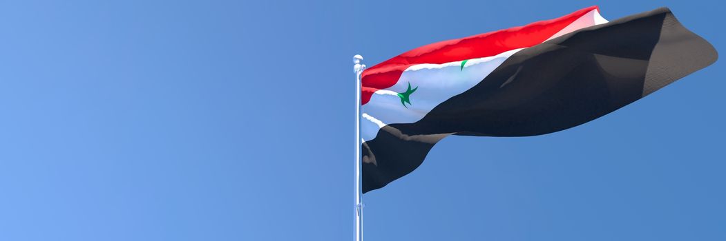 3D rendering of the national flag of Syria waving in the wind against a blue sky