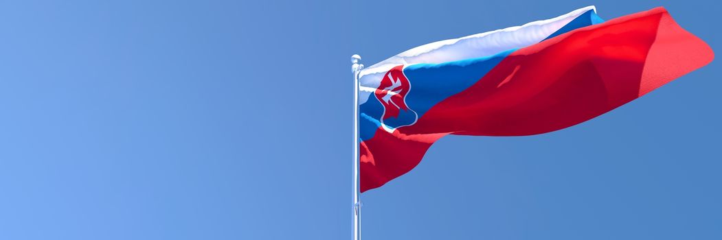 3D rendering of the national flag of Slovakia waving in the wind against a blue sky