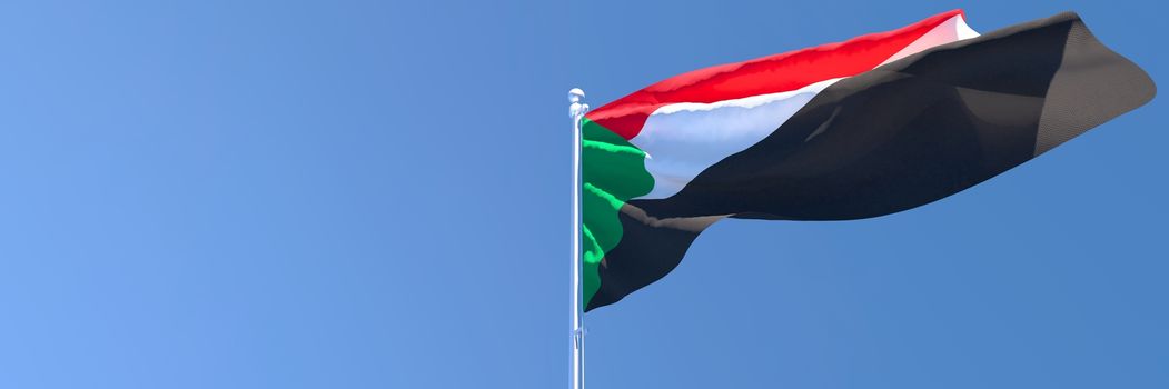 3D rendering of the national flag of Sudan waving in the wind against a blue sky