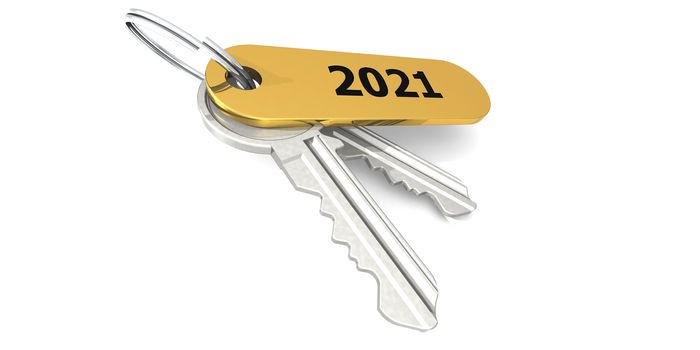 Year 2021 label attached to the keys, 3D rendering