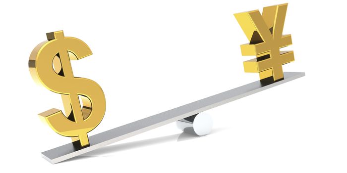 Dollar and yen sign on the balance bar, 3D rendering