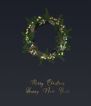 Beautiful christmas wreath frame with foliage and glowing lights on black background. Text Merry Christmas Happy New year. 3D illustration