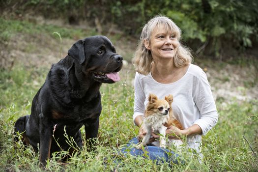 two dogs and a woman  in the nature