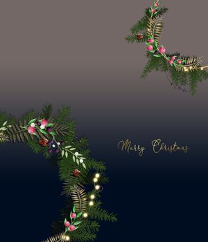 Elegant Merry Christmas and 2021 New Year Card with Pine Wreath and Winter plants. Greetings, invitation 2021, flyer, brochure, cover. 3D illustration