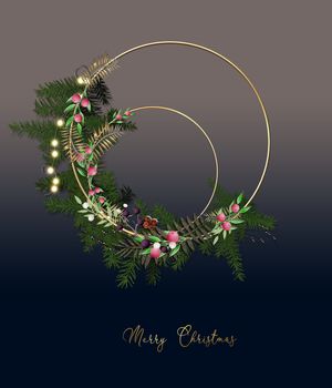 Christmas Wreath. Elegant floral design of Wreath, garland with lights, decorations. Gold text Merry Christmas on blue background. Greetings, 2021 invitation, flyer, brochure, cover. 3D illustration