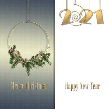 Holiday greeting card. Christmas 2021 New Year. Wreath, glowing lights, hanging gold digit 2021. Text Merry Christmas Happy New Year. Place for text. 3D illustration