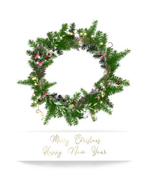 Christmas frame for holiday design. Wreath with lights on white background. Text Merry Christmas Happy New Year. 3D illustration