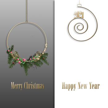 Merry Christmas and Happy New Year 2021 background. Hanging digit 2021 and wreath over pastel and white background. Text Merry Christmas Happy New Year. Greeting card. 3D render.