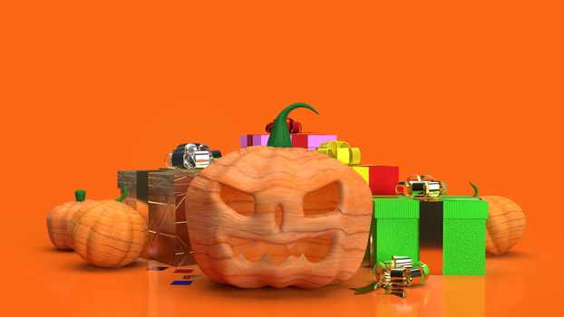 The jack o lantern  and gift box  on orange background for halloween content 3d rendering.