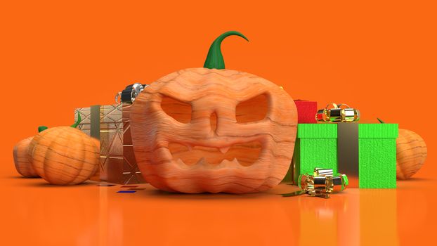 The jack o lantern  and gift box  on orange background for halloween content 3d rendering.