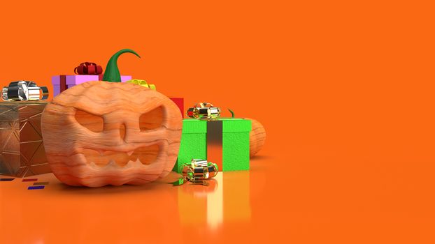 The jack o lantern  and gift box  on orange background for halloween content 3d rendering.