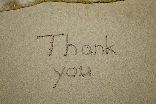 thank you, gratitude concept, beautiful card, word written on sand beach.