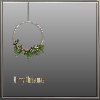 Elegant festive greeting card. Christmas wreath, light, gold text Merry Christmas on pastel background. Mock up, place for text. 3D illustration