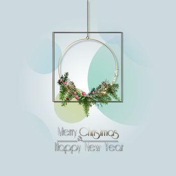 Elegant Christmas and 2021 New Year Card. Christmas wreath in gold frame. 3D render.