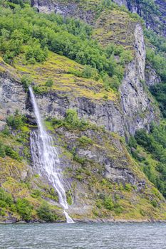 Waterfall in Aurlandsfjord Aurland Vestland Sognefjord in Norway.