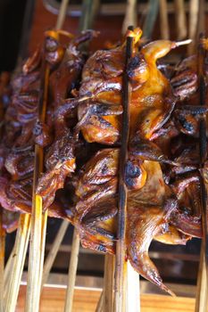 Laos, street food. Traditional food cooked at road sides in stalls on skewers for grilling, chicken, fish, birds High quality photo