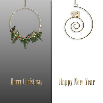 Christmas Wreath. Elegant floral design of Wreath with lights, hanging digit 2021 over pastel and white background. Greetings, 2021 invitation, flyer, brochure, cover. Copy space. 3D illustration
