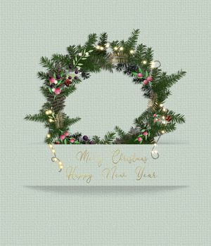 Christmas wreath, garland. Place for text, mockup. Text Merry Christmas Happy New Year. Modern trendy wreath made of foliage, lights, red berries in the border of pastel paper stripe. 3D illustration