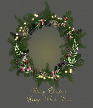 Cristmas decoration. Christmas wreath with glowing lights on green pastel background. 3D illustration