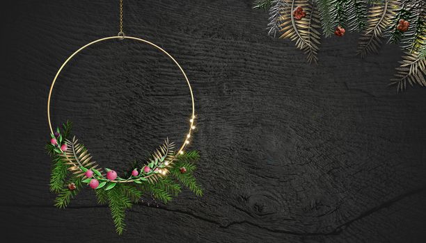 Christmas Wreath on wooden background Elegant floral design of Wreath with lights over rustic grunge wooden background. Greeting, 2021 invitation, flyer, cover. Place for text, mockup. 3D illustration