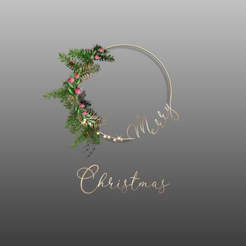 Christmas and New Year holiday background. Xmas greeting card. Festive wreath with decoration and gold text Merry Christmas. 3D illustration