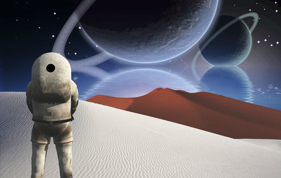Astronaut stands in surreal white desert. Big planets rising over the ocean. 3D rendering
