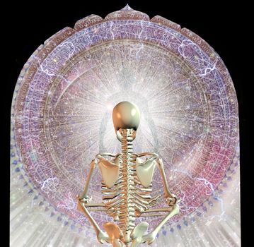 Skeleton sits in pose of lotus before man's aura in rays of light. 3D rendering