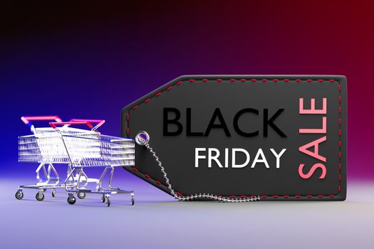 A big black price tag and small shopping cart on dark background. Concept of shopping season on weekends of November every year. Closeup and copy space on the right. 3D rendering illustration.