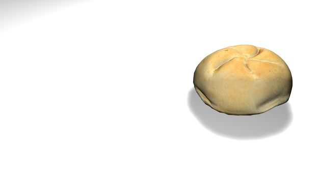 Homemade bread isolated on a white background. Closeup view of bread roll with shadow under light.