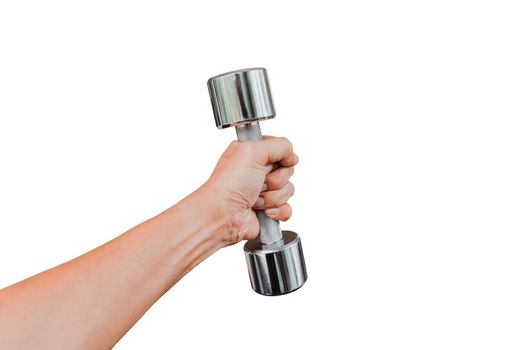 Men hand holding a dumbbell isolated on white background, with clipping path.