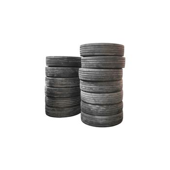 Closeup a pile of old truck tires isolated on white background with clipping path.