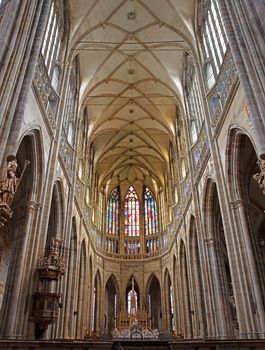The grand interior of St. Vitus cathedral in Czech Republic (Prague)